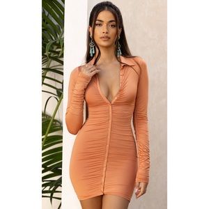 Oh Polly Collar Button Down Mini Dress in Caramel